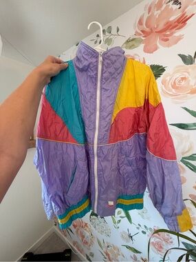 Colorblock Vintage Windbreaker Jacket in Lavender, Teal, Yellow & Coral